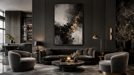 High-end hospitality lounge in grayscale with subtle gold accents and statement wall art by Hawsé Sumi, representing hospitality art consulting, wall styling, and commercial art for hotels, lounges, and boutique interiors.