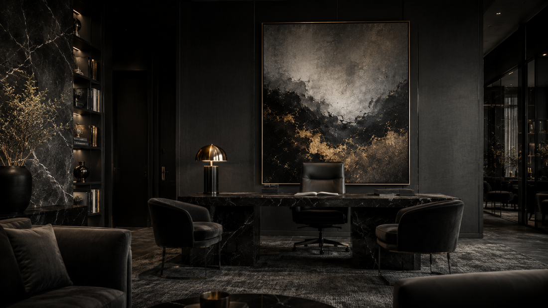 Modern corporate office interior in grayscale with subtle gold accents and statement wall art by Hawsé Sumi, representing corporate art consulting, office wall styling, and commercial art licensing.
