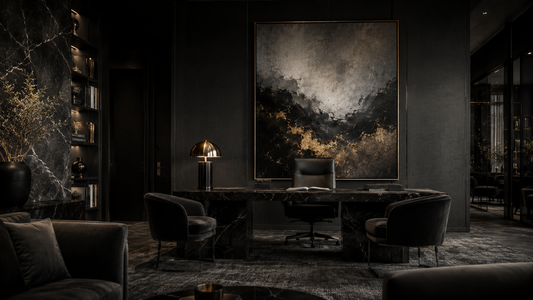 Modern corporate office interior in grayscale with subtle gold accents and statement wall art by Hawsé Sumi, representing corporate art consulting, office wall styling, and commercial art licensing.