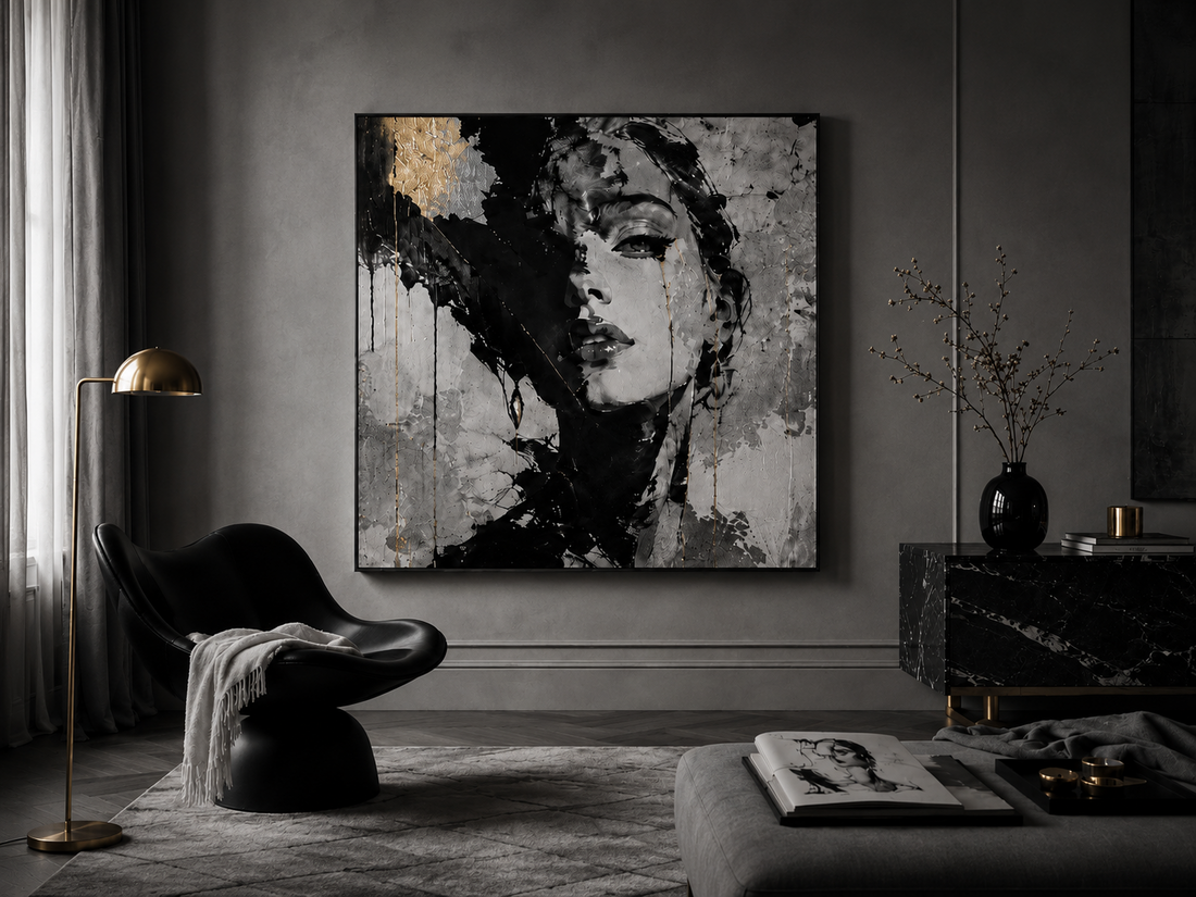 Modern corporate office interior in grayscale with subtle gold accents and statement wall art by Hawsé Sumi, representing corporate art consulting, office wall styling, and commercial art licensing.