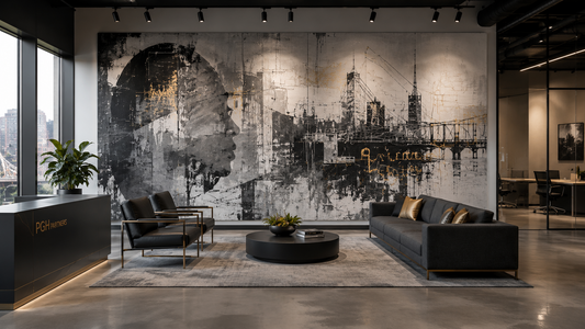 Original large-format corporate mural by Hawsé Sumi — black, white, and gold mixed-media wall installation in a Pittsburgh professional office reception area. Commercial art commissions available.