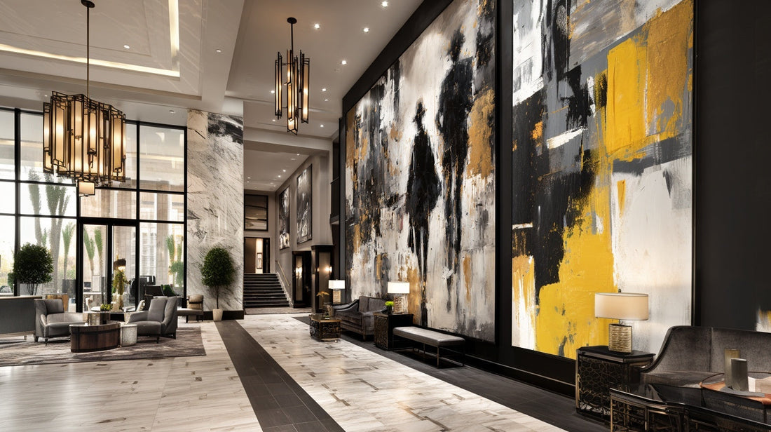 ALT TEXT: Large-format original mural by Hawsé Sumi installed in a luxury hospitality interior — black, gold, and warm-toned abstract artwork for boutique hotels, restaurants, and lounge environments.