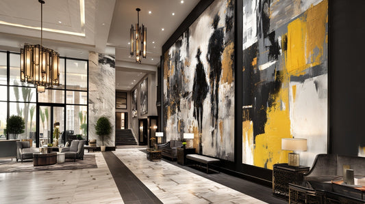 ALT TEXT: Large-format original mural by Hawsé Sumi installed in a luxury hospitality interior — black, gold, and warm-toned abstract artwork for boutique hotels, restaurants, and lounge environments.