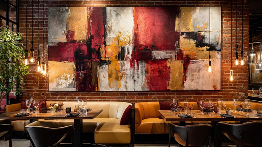 Original commissioned restaurant mural by Hawsé Sumi — warm burgundy, gold, and black large-format abstract wall art for Pittsburgh dining spaces and hospitality environments.