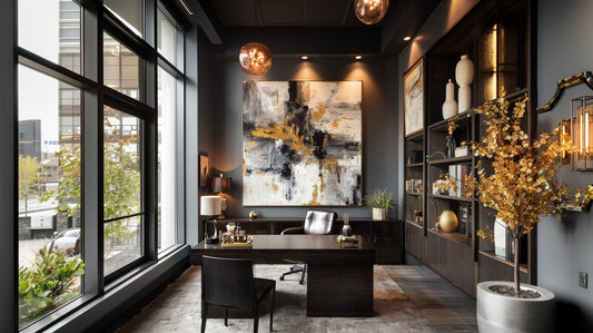 Original commissioned artwork by Hawsé Sumi in a luxury executive office — large-format black, white, and gold abstract fine art for private professional spaces and high-end work environments.