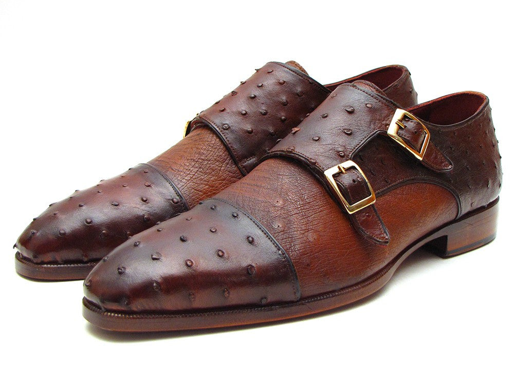 Paul Parkman Brown & Tobacco Genuine Ostrich Double Monkstraps (ID#43K68)
