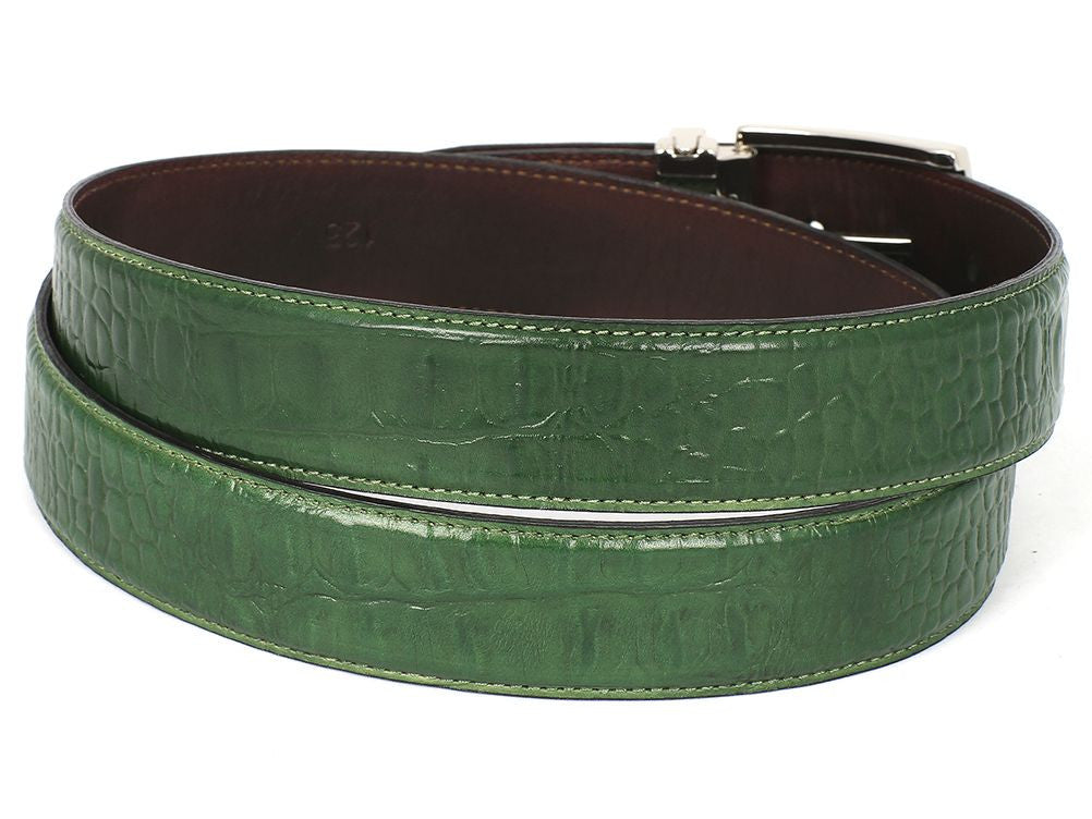 PAUL PARKMAN Men's Crocodile Textured Leather Belt Green (ID#B02-GRN)