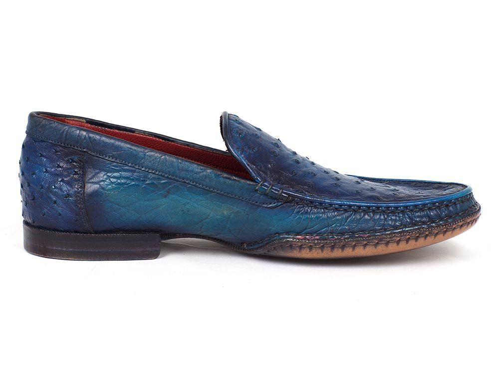 Paul Parkman Men's Blue Genuine Ostrich Opanka Stitched Moccasins (ID#YL94OPK)