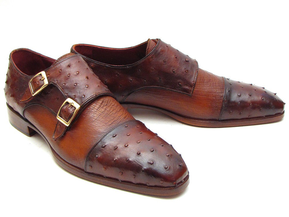 Paul Parkman Brown & Tobacco Genuine Ostrich Double Monkstraps (ID#43K68)