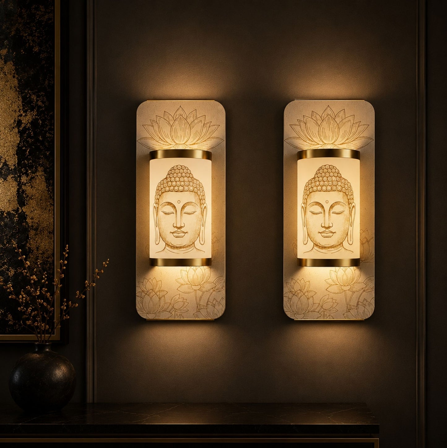 Two Buddha head wall sconces on a dark background