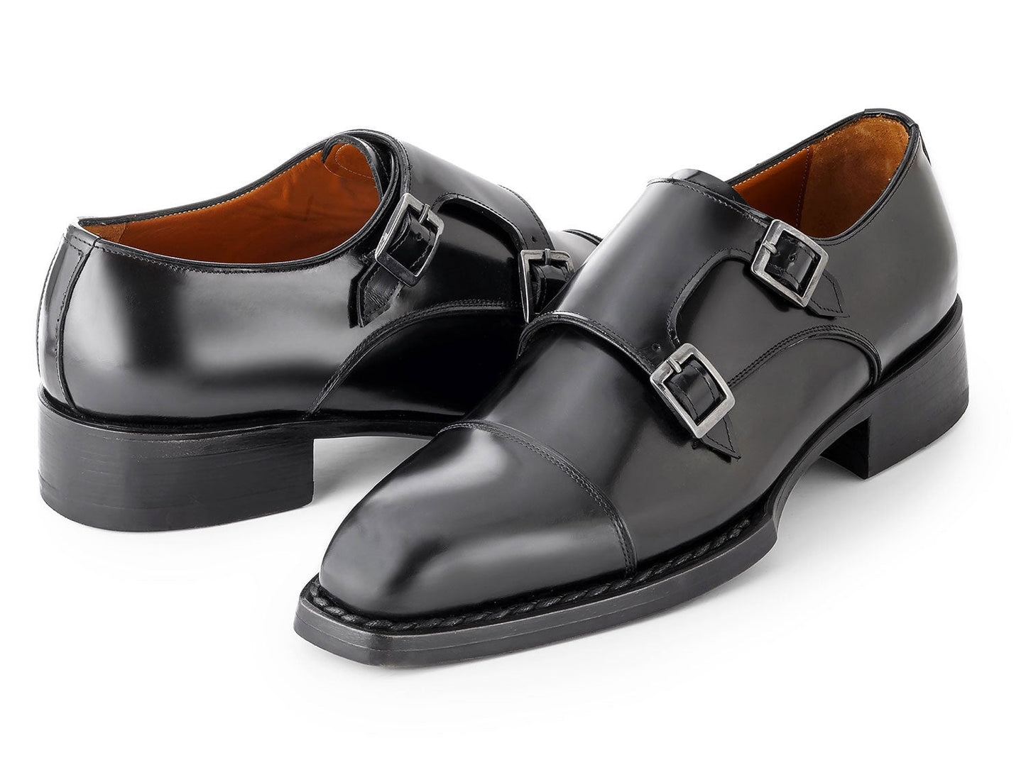 Paul Parkman Triple Leather Sole Hand-Welted Cap Toe Monkstraps Black (ID#LX75MNK)