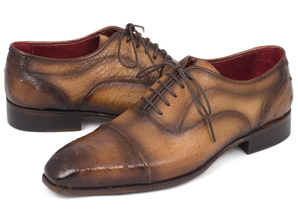 Paul Parkman Men's Genuine Ostrich Captoe Oxfords Camel Color (ID#24XS-CML)