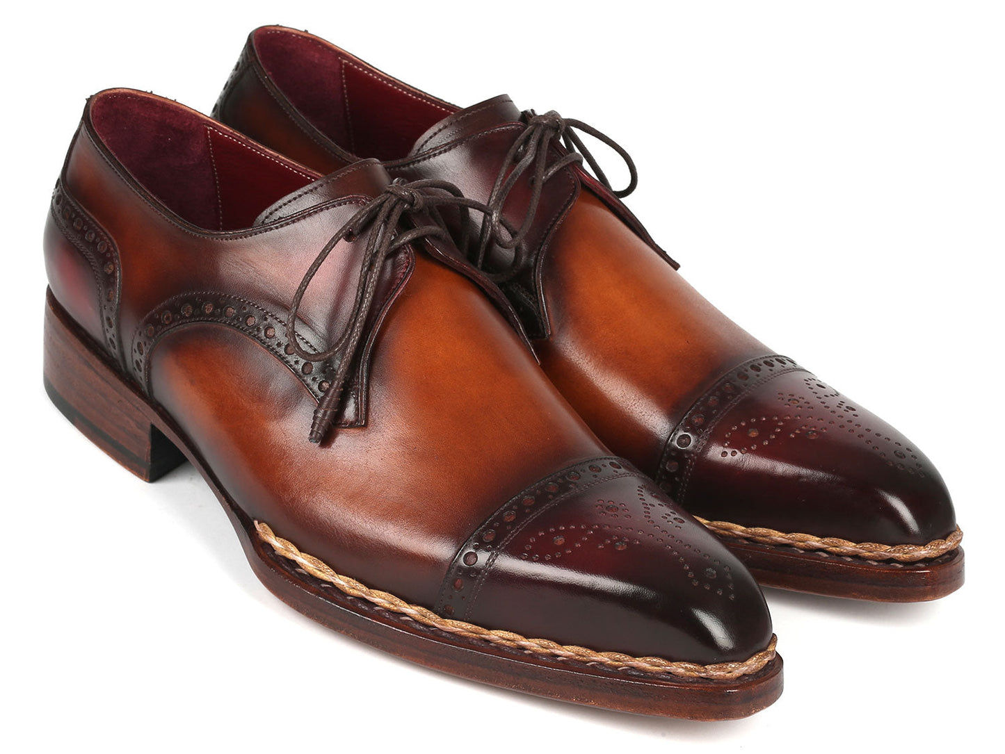 Paul Parkman Norwegian Welted Cap Toe Derby Shoes Bordeaux & Brown (ID#8508-BRW)