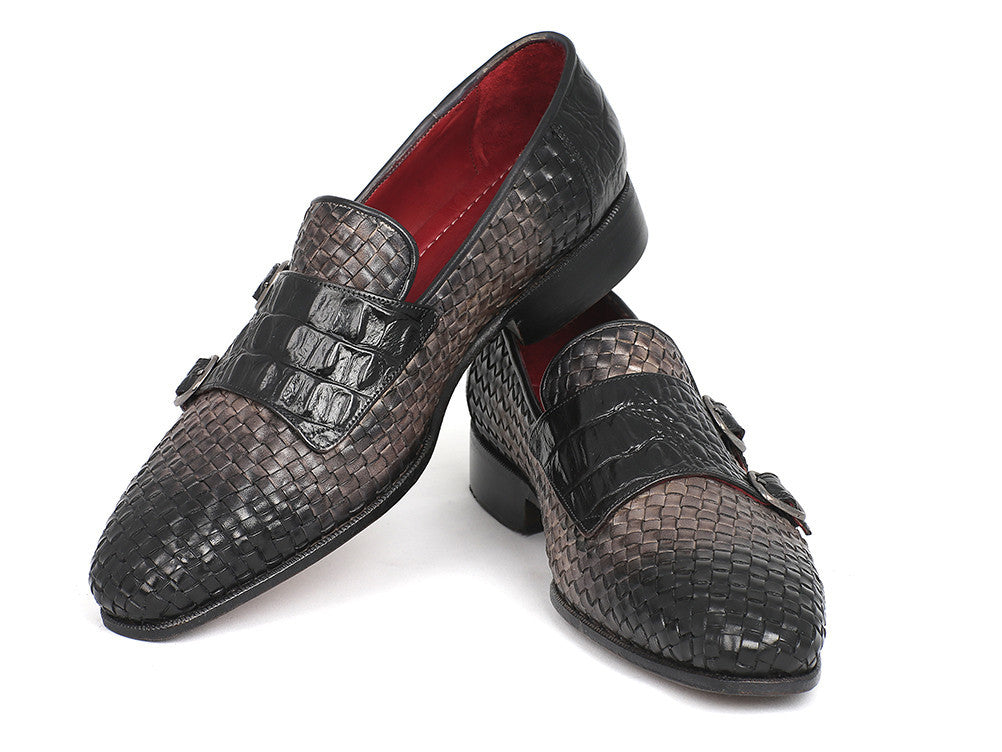 Paul Parkman Gray Woven & Croc Embossed Monkstraps (ID#HK588-GRY)