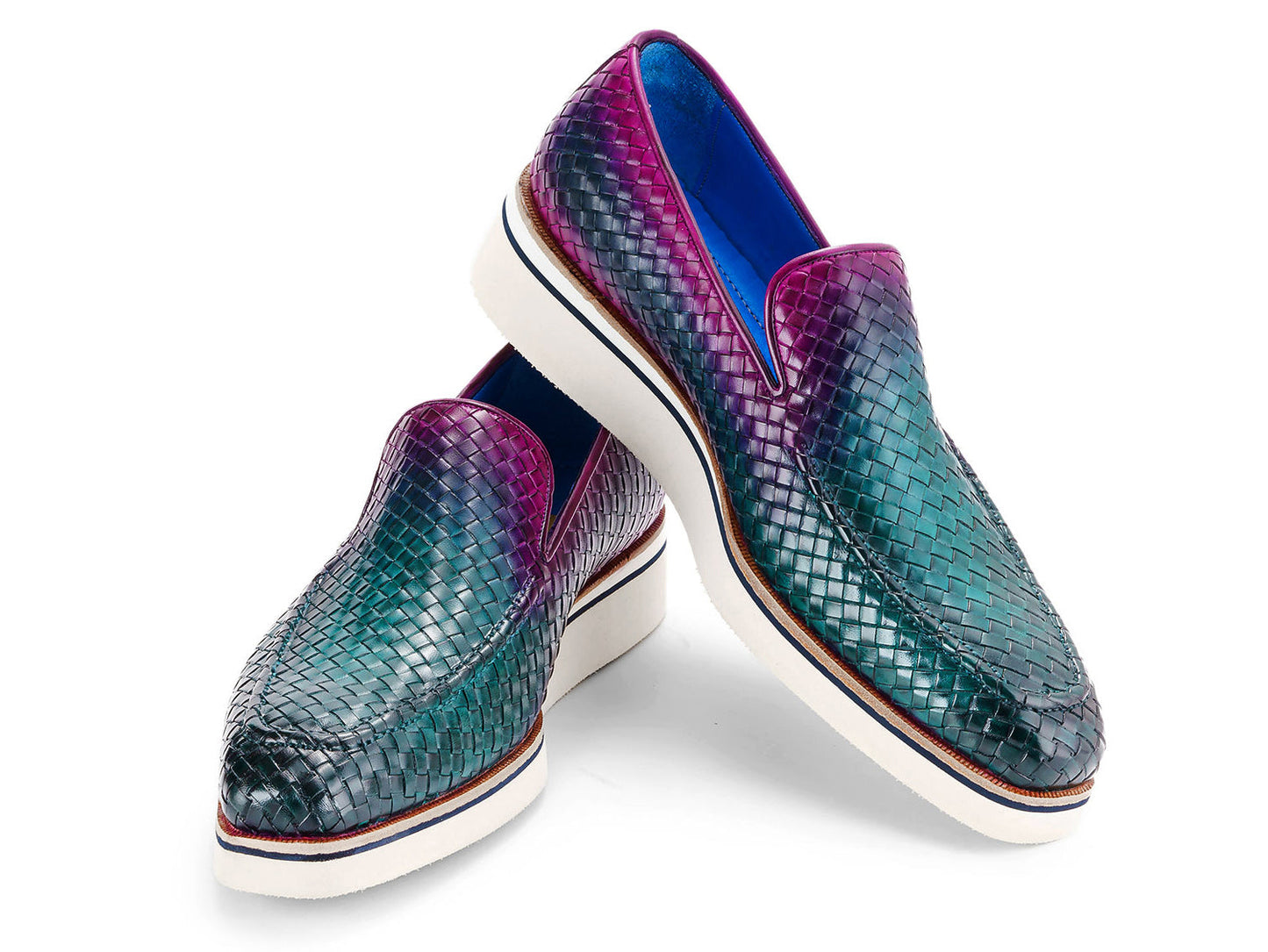 Paul Parkman Men's Smart Casual Woven Leather Loafers Green & Purple (ID#186-WN-GPR)